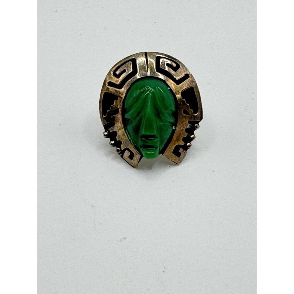 Vintage Mexican Sterling Silver Ring Carved Green Face JGG Eagle 82 Adjustable